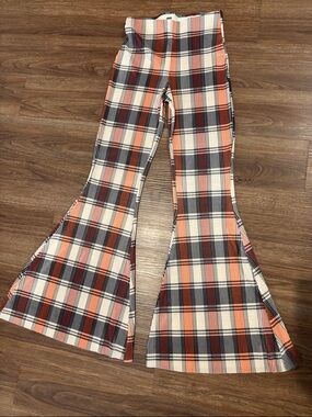 Free People Women’s Plaid Flared Bethany Pants in Cream, Orange, Brown Plaid S